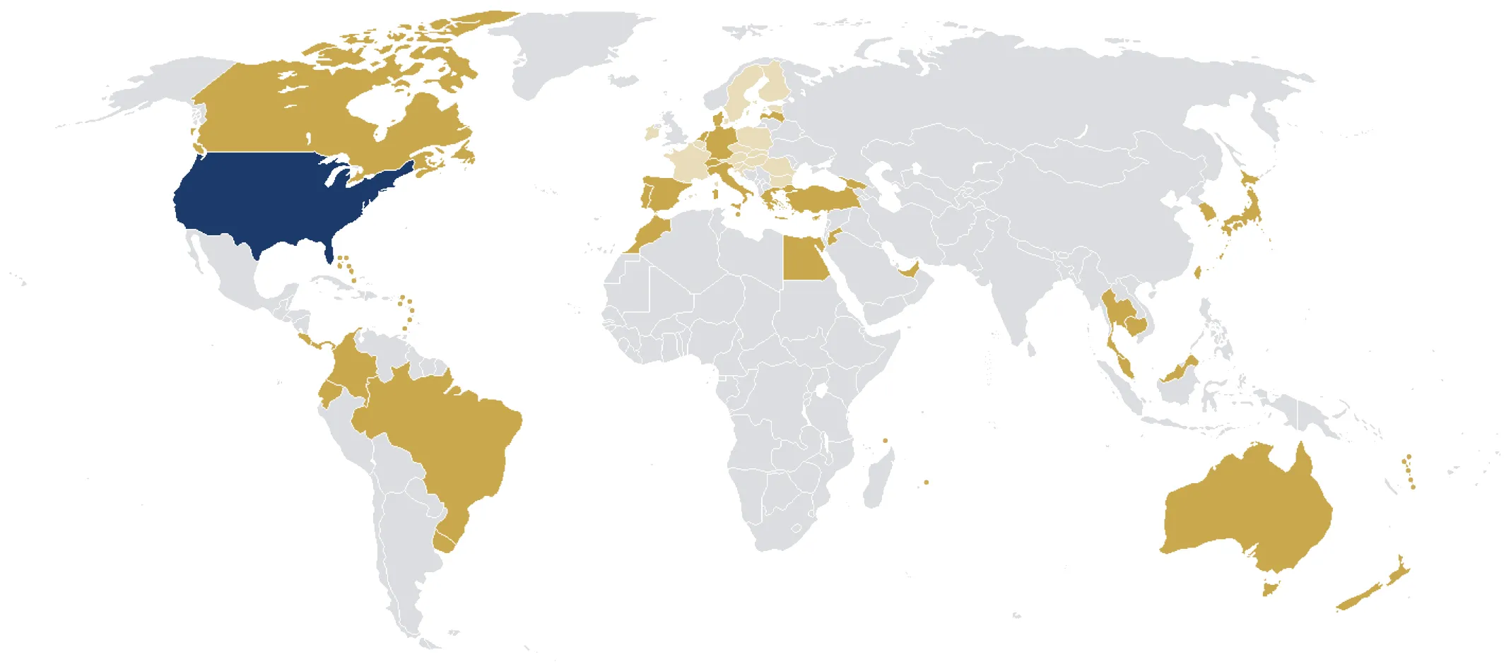 World map highlighting countries with Golden Visa investment programs